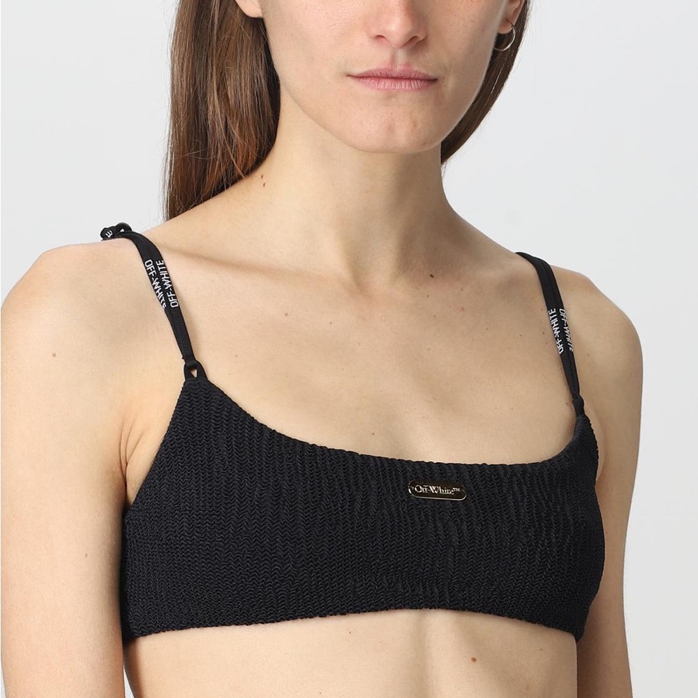 OFF-WHITE Seersucker Logo Bikini Top in Black XS NWT